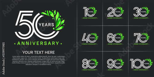 Anniversary logo type set with double line number and green floral ornament. white color for celebration event