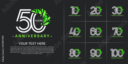 Anniversary logo type set with double line number and green floral ornament. white color for celebration event