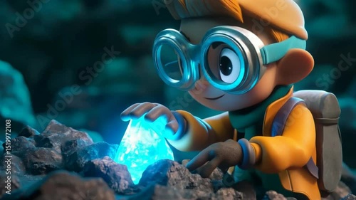 Animated explorer discovers a glowing crystal in a dark cave, showcasing a wondrous find