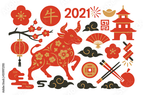 The vector set contains elements representing the Ox Zodiac sign, which is the symbol for 2021 on the Chinese calendar, and is used for decorating cards, web design, and banners during Chinese New