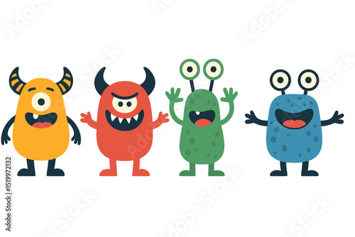 Adorable animated beasts, including comical Halloween creatures and humorous monster characters, featuring a devil, an alien, and a smiling being in a flat vector set