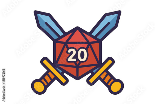 A flat vector icon for apps and websites features swords crossed with 20 sided or d20 dice