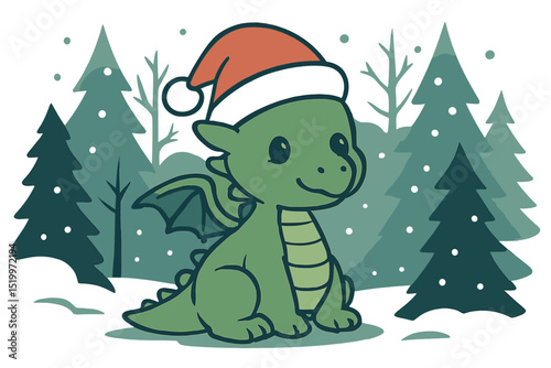 A baby dragon is seen in a winter forest on a cold winter's day, symbolizing a Christmas dragon