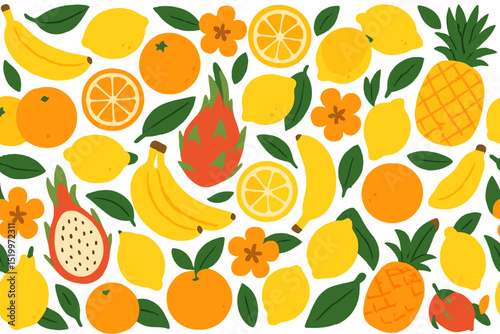 Vector background featuring a seamless pattern of tropical fruits and flowers, including banana, orange, lemon, pineapple, and dragon fruit, suitable for textile, fashion, and wallpaper designs