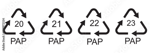 Paper recycling code icon set. recycling codes 20, 21, 22, 23. pap recycling symbols. plastic, recycle, symbol, code, icon.