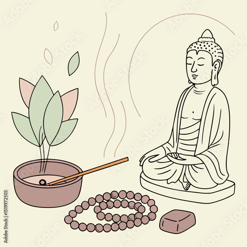 Illustration of buddha statue with incense beads and a small plant