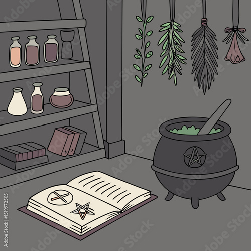 Illustration of a witch's room with cauldron book and potion ingredients