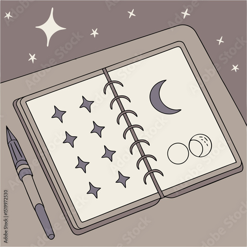 Open notebook with celestial doodles and pen under a starry night sky