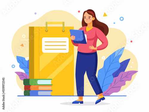 Flat design illustration of a woman reviewing paper in front of educational case study book