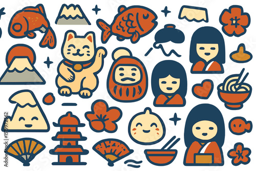 A seamless vector pattern featuring a collage of cute Japanese icon and symbol stickers in a patchwork design