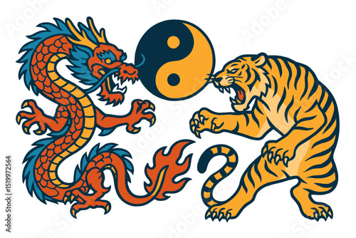 A Chinese dragon and a tiger are depicted in a black and white tattoo vector illustration that incorporates the Yin Yang symbol