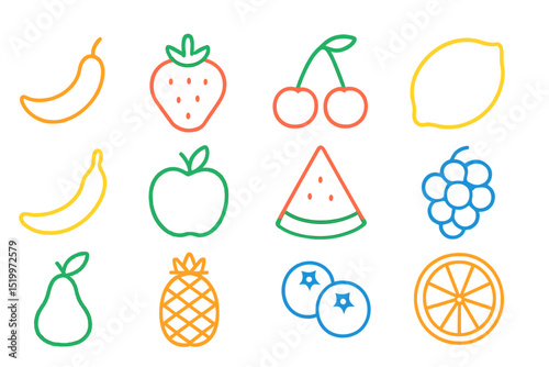 A set of simple vector illustrations featuring outline icons of fruits, presented as a thin line web icon collection