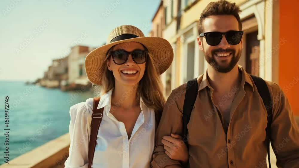 A couple strolls hand in hand along a picturesque waterfront promenade on a sunny day. They wear sunglasses and hats while smiling at each other, enjoying the vibrant atmosphere A couple strolls hand in hand along a picturesque waterfront promenade on a sunny day. They wear sunglasses and hats while smiling at each other, enjoying the vibrant atmosphere