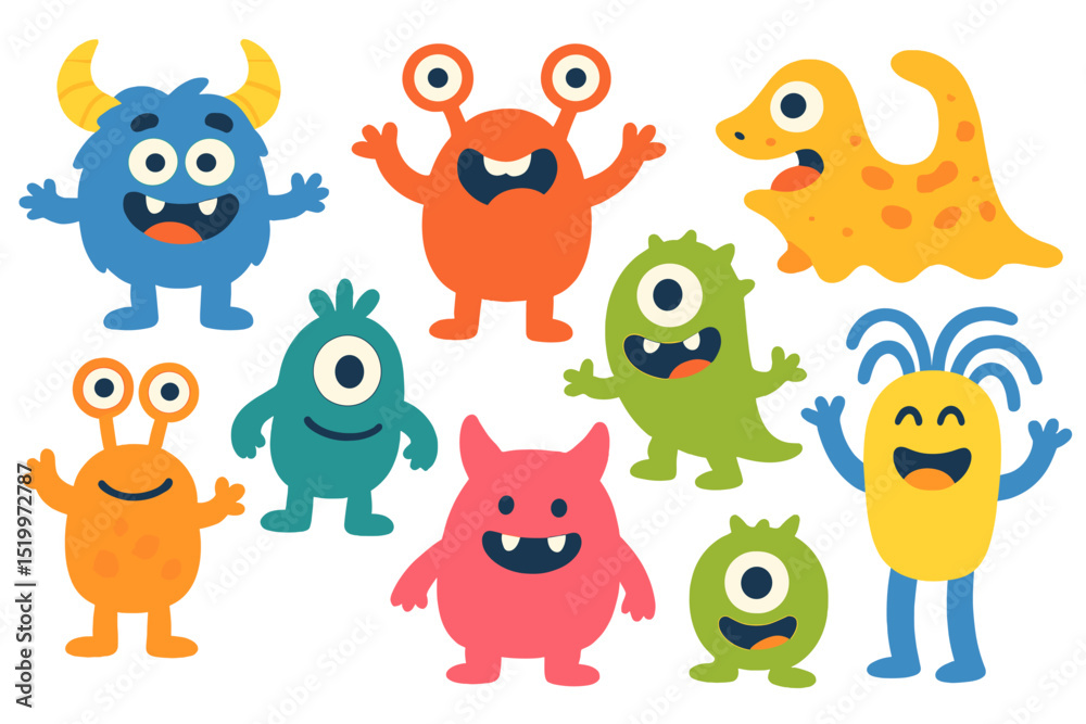 A set of humorous monsters or extraterrestrial beings, gathered together with adorable fantastical or mythological creatures, all presented as cartoon characters on a plain white background in a A set of humorous monsters or extraterrestrial beings, gathered together with adorable fantastical or mythological creatures, all presented as cartoon characters on a plain white background in a