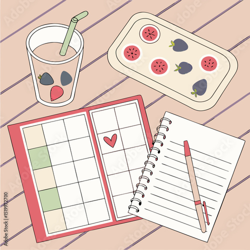 Flat lay of a desk with a drink, snacks, calendar, and notebook on it