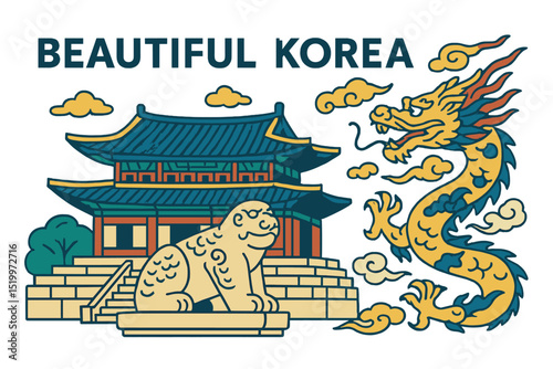 Korea is beautiful, as evidenced by its traditional palace, the legendary haetae stone statue, and vector illustrations of dragon patterns from the Joseon dynasty