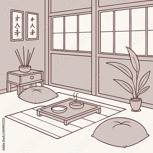 Illustration of a japanese style room with cushions and a small table
