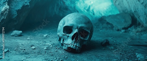 A cyan skull lies on the ground in front of a cave wall, creating an eerie, horror-inspired scene