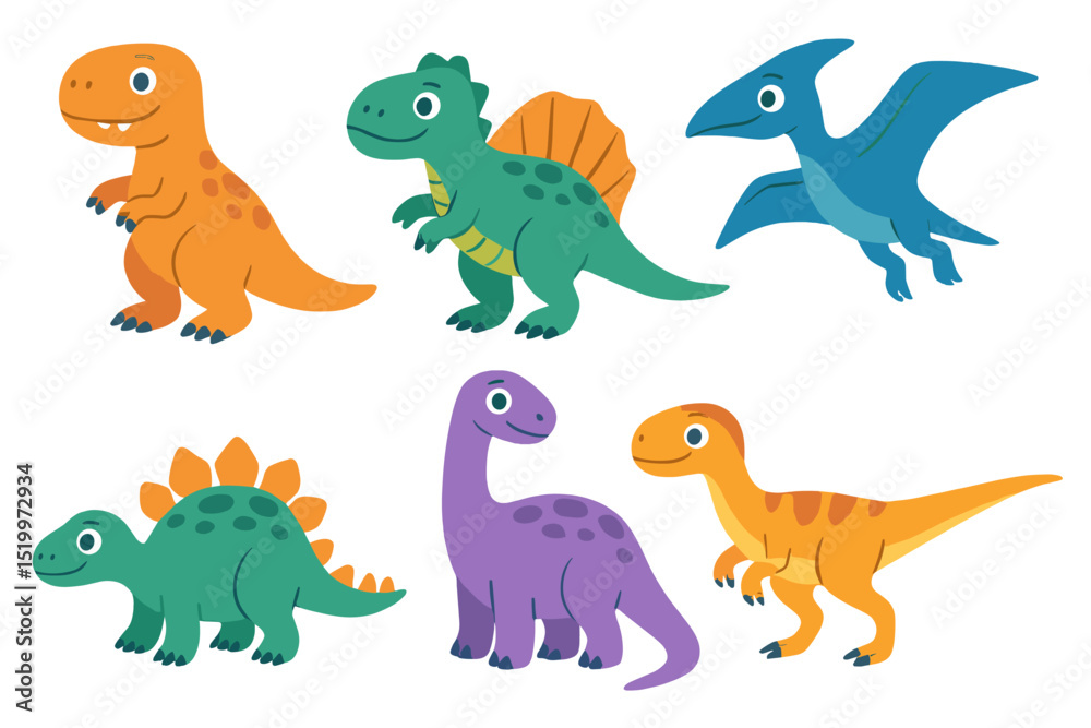 A cartoon set icon featuring an isolated dinosaur is available, along with a vector illustration of a dino animal, both on a white background A cartoon set icon featuring an isolated dinosaur is available, along with a vector illustration of a dino animal, both on a white background