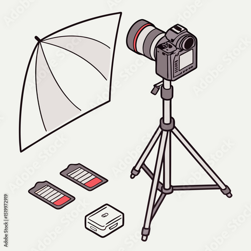 Isometric view of camera on tripod with umbrella and memory cards near