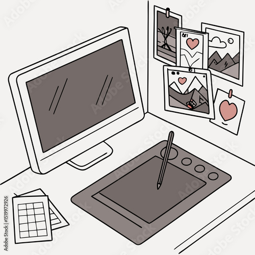 Illustration of a desk setup with computer tablet and photo decorations