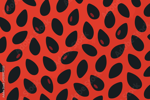 A seamless summer pattern featuring watermelon seeds on a red background with black seeds