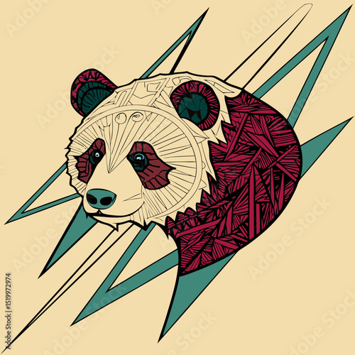 Stylized panda bear head with geometric patterns and teal starbursts