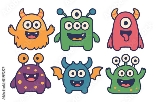 A set of cartoon monsters is available, featuring colorful and cute toy monsters in vector format