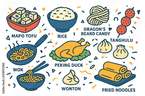A collection of Chinese cuisine icons is presented in a monochrome vector illustration, featuring various Asian dishes including Mapo tofu, rice, Dragons beard candy, and tanghulu
