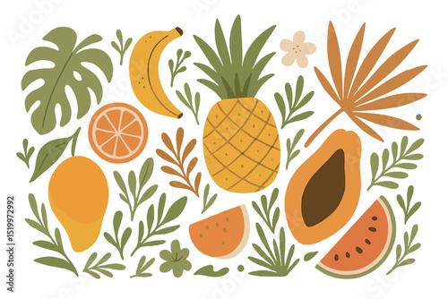 Vector background of tropical fruits wall art, featuring hand drawn bohemian plants, palm leaves, and floral patterns for summer-themed artistic cards, brochures, invitations, wallpapers, canvas