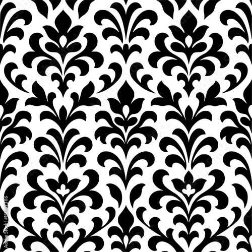 Black and white, symmetrical, floral, damask, ornate, seamless pattern