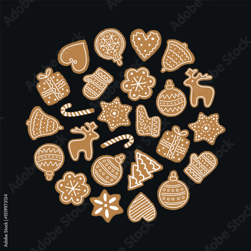 Christmas Cookies Circle. Holiday Banner. Round Frame. Big Set. Christmas Balls, Bell, Deer, Fir Tree, Glove, Sock, Gift Box, Stars, Heart, Flower. Vector Illustration on Black Background
