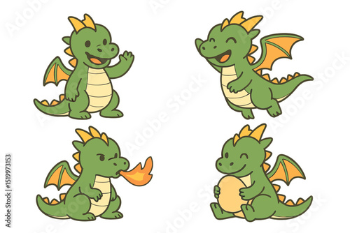 The character is a cute dragon, and it comes with a set of flat vector illustrations