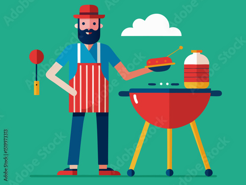 Colorful summer barbecue scene with man in striped shirt grilling outdoors with green leaves
