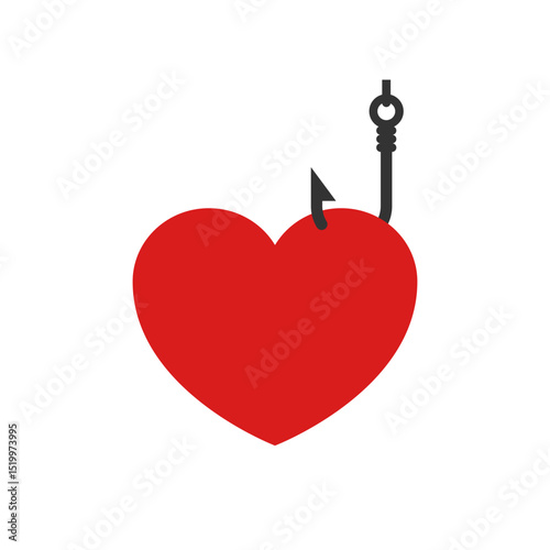 A big red heart hangs on a hook. Fishing hook with heart shaped bait. Vector clipart and drawing. Isolated illustration on white background.