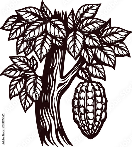 Hand drawn cacao tree with ripe cocoa pod and detailed leaves isolated on white, vintage engraved botanical illustration