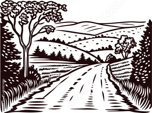 Hand drawn rural countryside road with hills, fields and trees vintage engraving landscape illustration