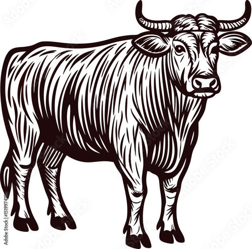 Vintage engraved illustration of standing dairy cow with horns, isolated on white, farm animal woodcut drawing