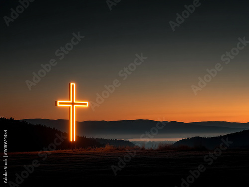 Golden cross glowing in sunrise light 