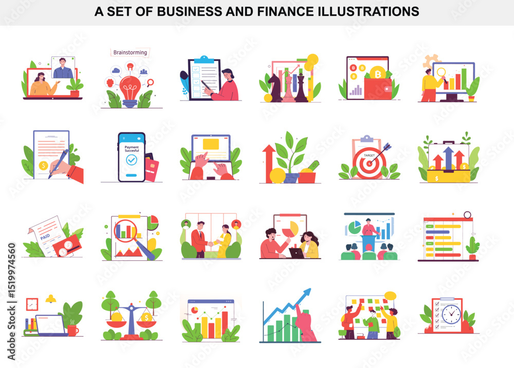 Business Finance Illustrations Brainstorming, Payment Success, Growth, Strategy, Teamwork, and Financial Analysis Set Business Finance Illustrations Brainstorming, Payment Success, Growth, Strategy, Teamwork, and Financial Analysis Set