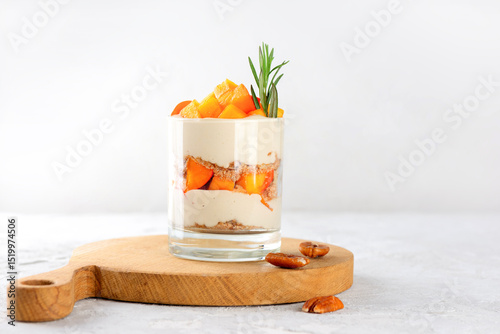 Vegan dessert in a glass with persimmon, rosemary, pecan, whipped cream and biscuit on a wooden board. Healthy food, sugar, gluten and lactose free.