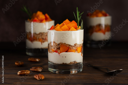Vegan layered dessert in a glasses with persimmon, rosemary, pecan, whipped cream on a table. Healthy food, sugar, gluten and lactose free.