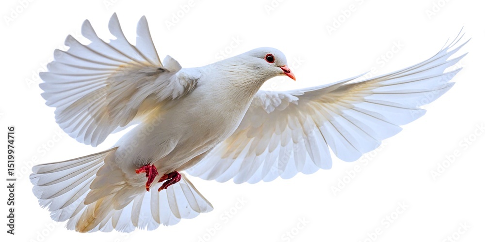 Fototapeta premium A single white dove in flight, a symbol of peace and freedom, isolated on a white background