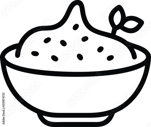 Black silhouette design of a rustic ceramic bowl with avocado dip on a white background