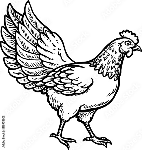Detailed black and white illustration of standing hen with raised wings and textured feather pattern