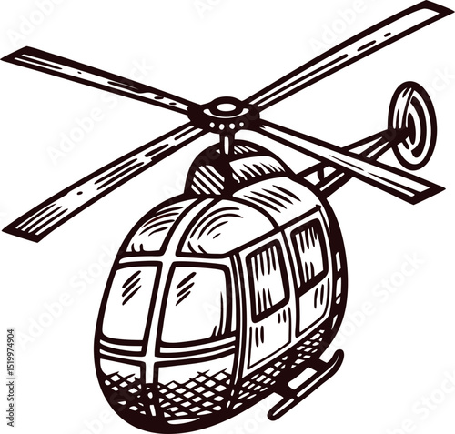Hand drawn sketch of vintage helicopter with rotor blades and tail, detailed line illustration on white background
