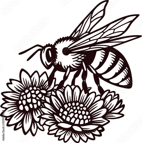 Detailed hand drawn illustration of a honeybee pollinating two sunflowers in vintage engraved