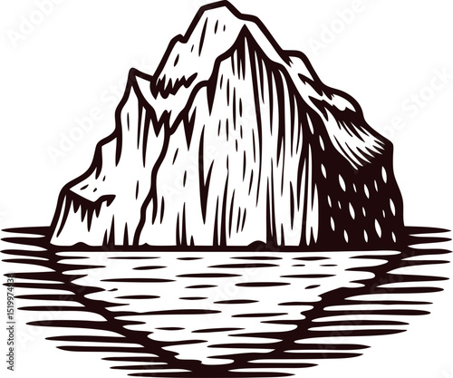 Detailed hand drawn iceberg floating in calm ocean waters, black and white vintage engraved illustration