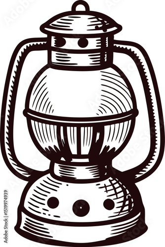Vintage hand drawn oil lantern illustration in monochrome isolated on white background for retro design