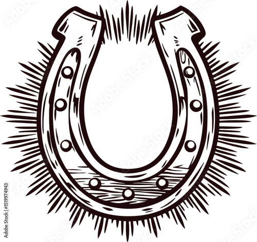 Hand drawn vintage horseshoe with rays lucky charm black and white sketch illustration